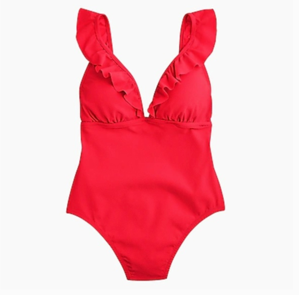 NWT J. Crew Ruched Ruffle One Piece Swim Suit 24 Cerise Red Beach BP222 J.Crew